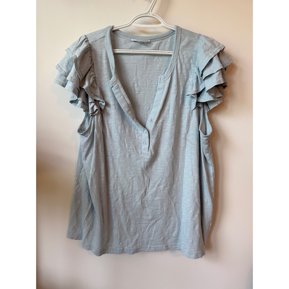 Jane + Delancey Womens 2X Light Blue Flutter Sleeve Henley Slub Knit Top Blouse